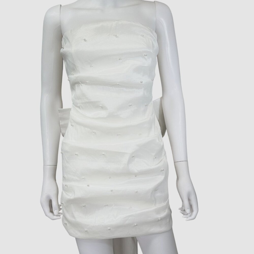 Allison + Kelly Womens M Strapless Wedding Dress Bow Back Pearl Embellished Whit